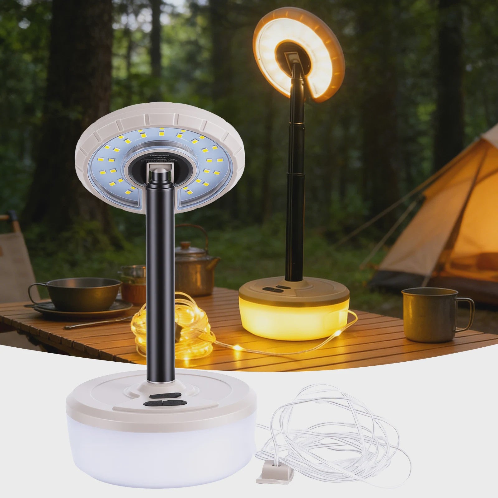 2-in-1 Campinglamp met Sfeervolle Lichtketting - Draagbaar & USB Oplaadbaar