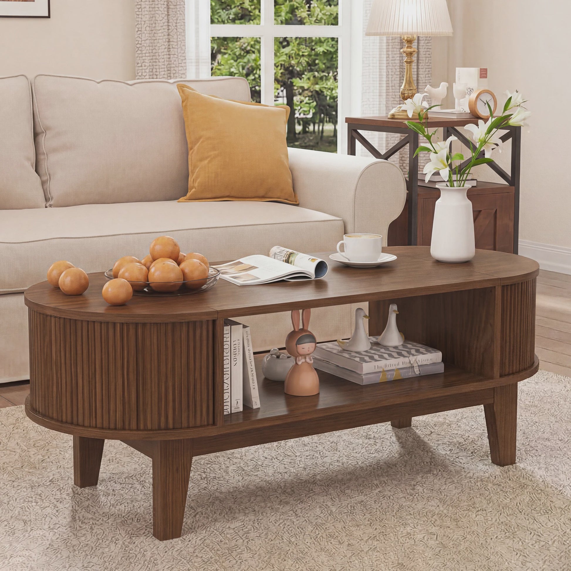 Elegante Retro Koffietafel met Dubbele Verborgen Opbergruimte en Flip-Top, Bruin