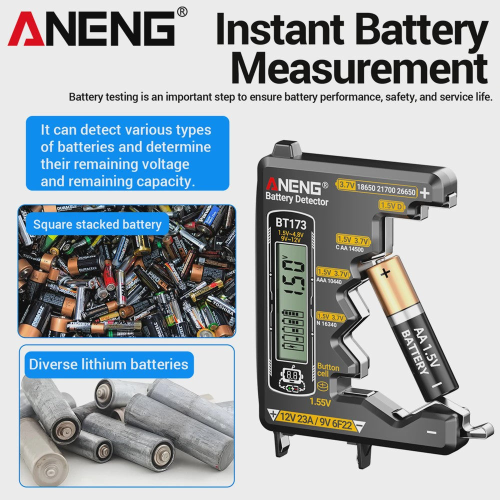 Universele Batterij Tester ANENG BT173 - Digitale Batterij Detector voor AA, AAA, C, D, 9V en Knoopcel Batterijen