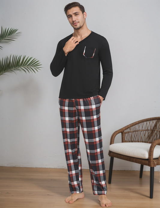 Herenset: Geruite Katoenen Pyjama met V-hals, Lange Mouwen en Zakken