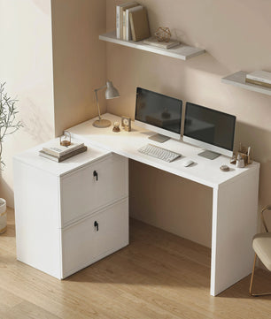 Omkeerbaar L-vormig Bureau met 2 Lades - Wit