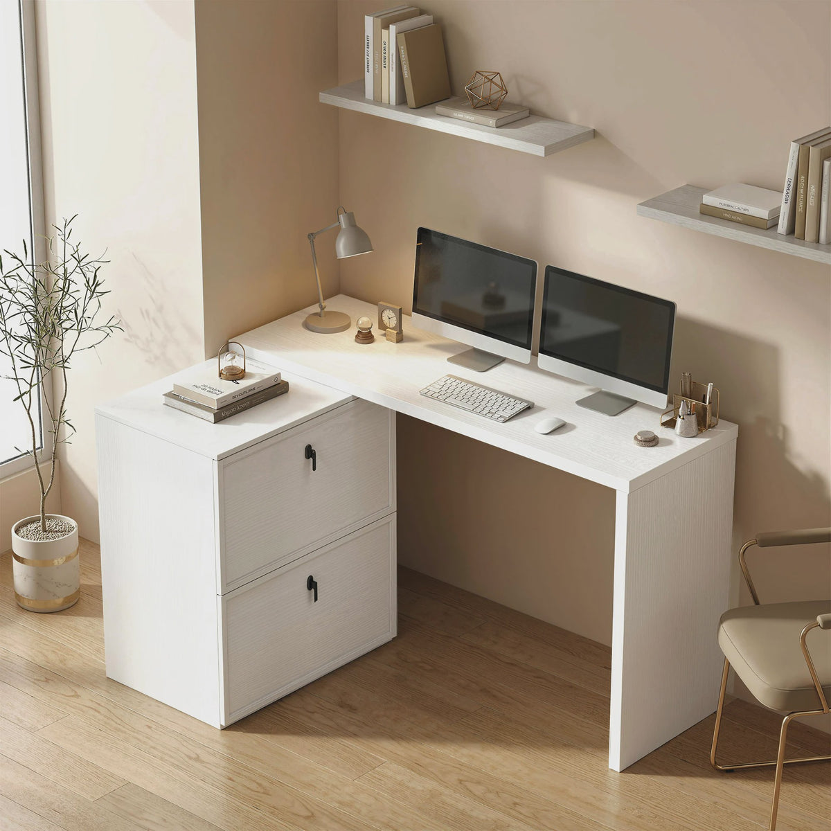 Omkeerbaar L-vormig Bureau met 2 Lades - Wit