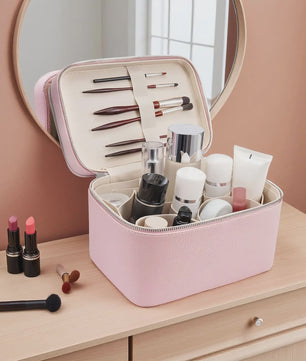 Dubbellaagse Make-up Tas - Draagbare Professionele Cosmetica Organizer met Verstelbare Vakken