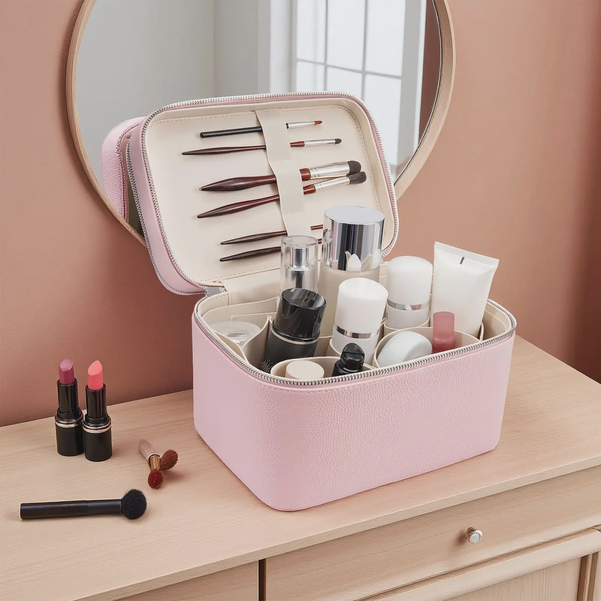 Dubbellaagse Make-up Tas - Draagbare Professionele Cosmetica Organizer met Verstelbare Vakken