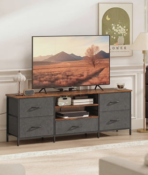 HOMCOM TV Meubel 140cm met 5 Lades, Open Planken en Laadstation - Rustiek Bruin