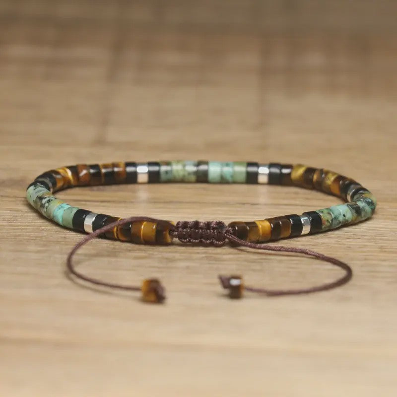 Natuurlijke Kralen Armband Dames - Tijgeroog, Onyx & Afrikaanse Turquoise - Verstelbaar