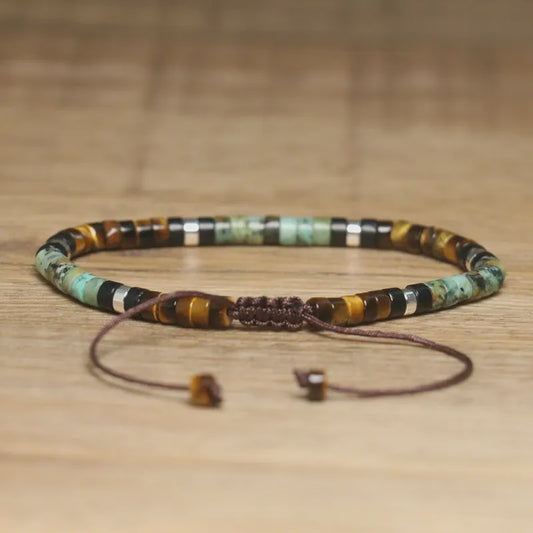 Natuurlijke Kralen Armband Dames - Tijgeroog, Onyx & Afrikaanse Turquoise - Verstelbaar