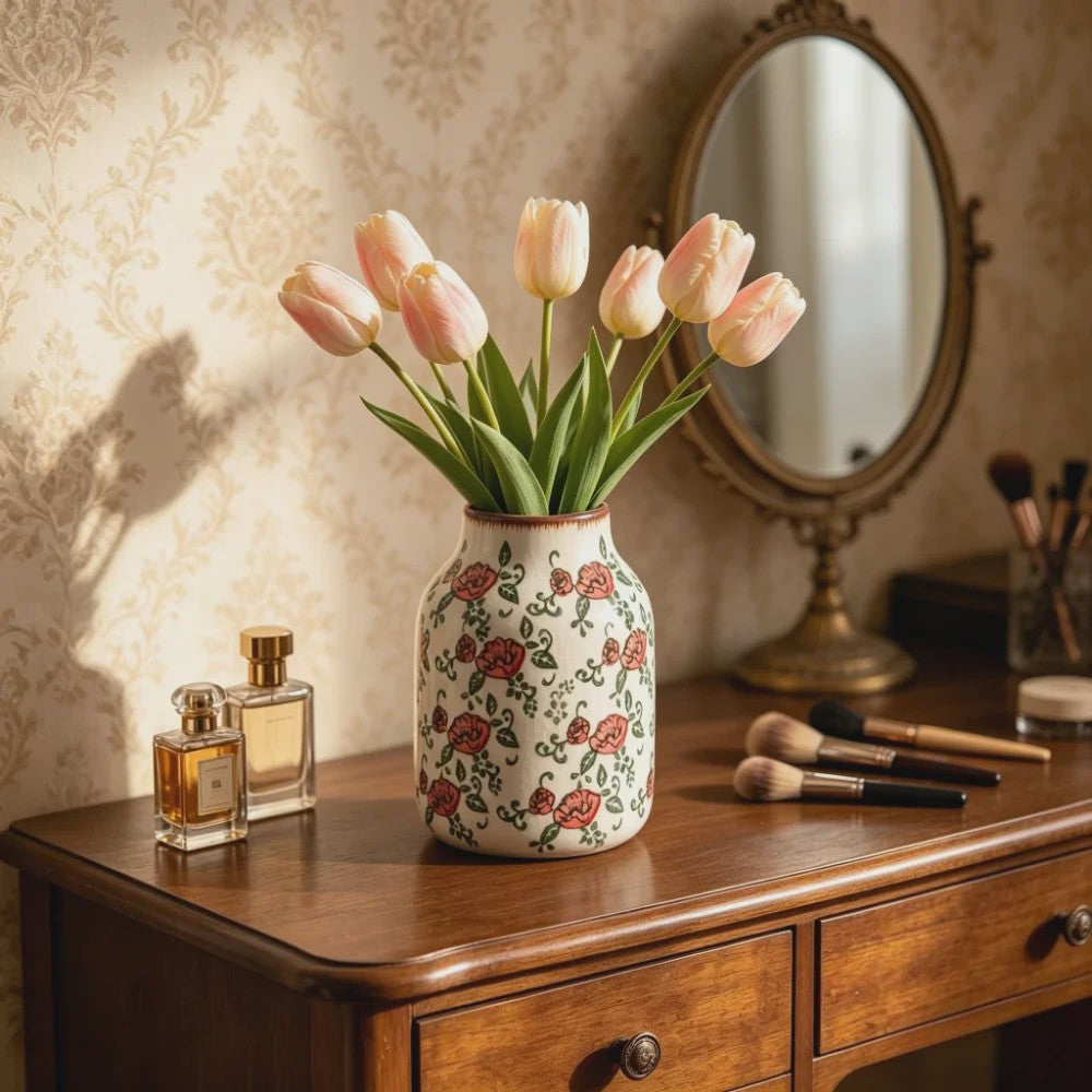 Handgemaakte Keramische Vaas met Vintage Chinese Bloemenprint - Decoratief Porselein