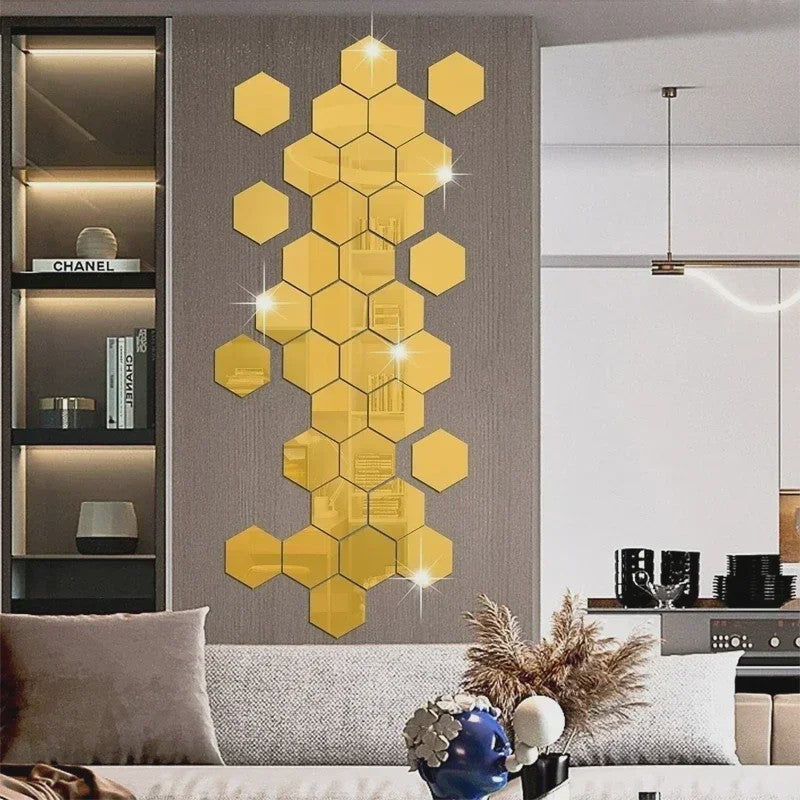 Zelfklevende Hexagon Acryl Spiegel Muursticker - Goud/Zilver - Decoratief & Verwijderbaar