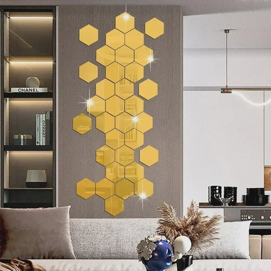 Zelfklevende Hexagon Acryl Spiegel Muursticker - Goud/Zilver - Decoratief & Verwijderbaar