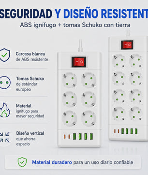 Universele Stekkerdoos met 6 of 8 Schuko Stopcontacten en 6 USB Poorten (2x USB-C, 4x USB-A), 2m Kabel, Wit