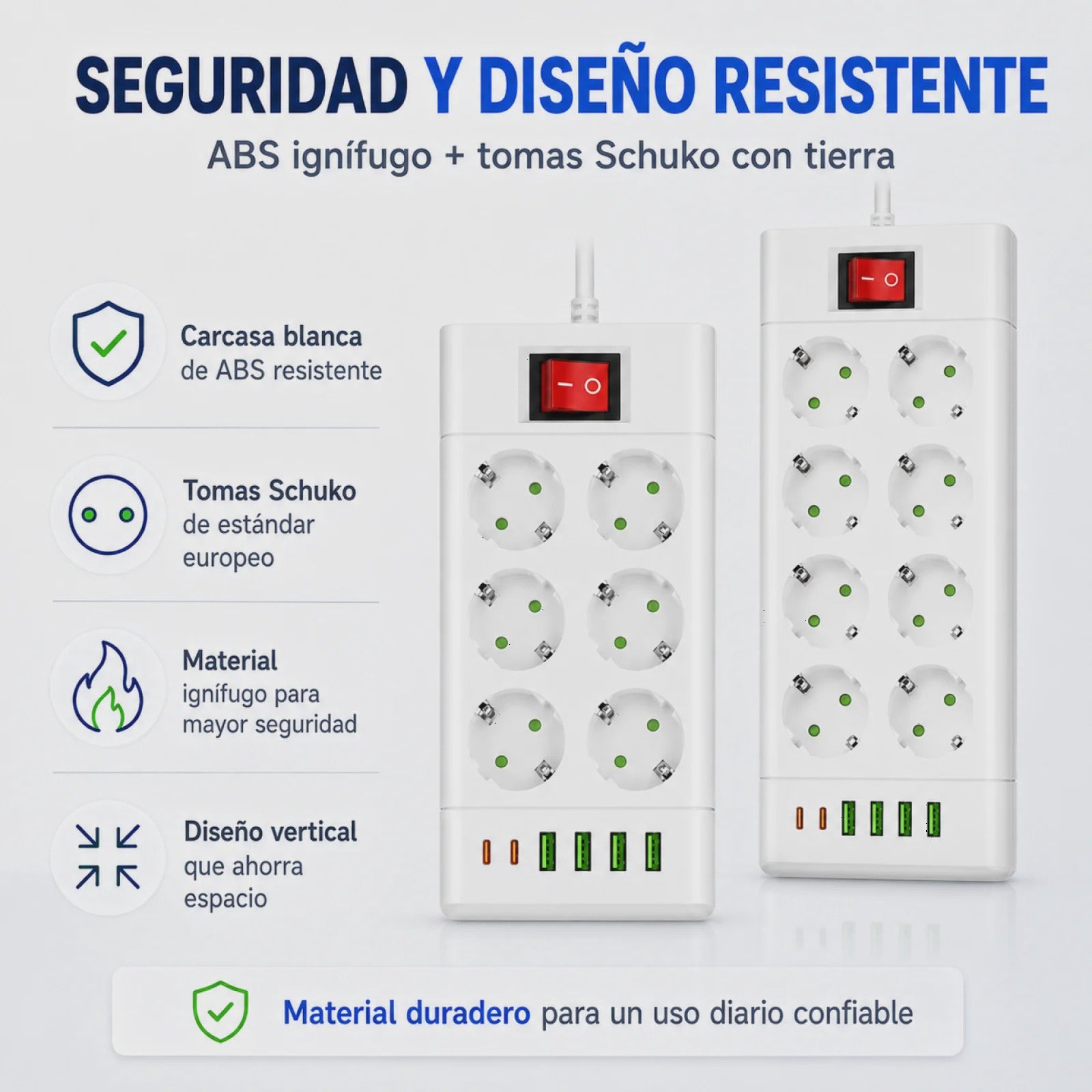 Universele Stekkerdoos met 6 of 8 Schuko Stopcontacten en 6 USB Poorten (2x USB-C, 4x USB-A), 2m Kabel, Wit