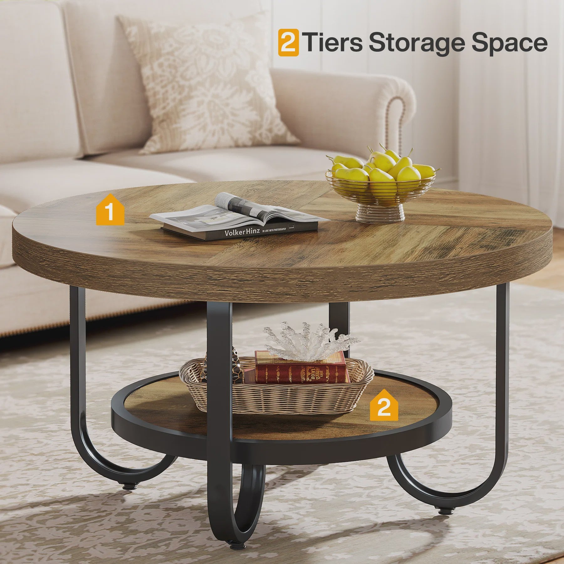 Stijlvolle Ronde Salontafel met 2 Lagen en Opbergplank - 79cm Diameter