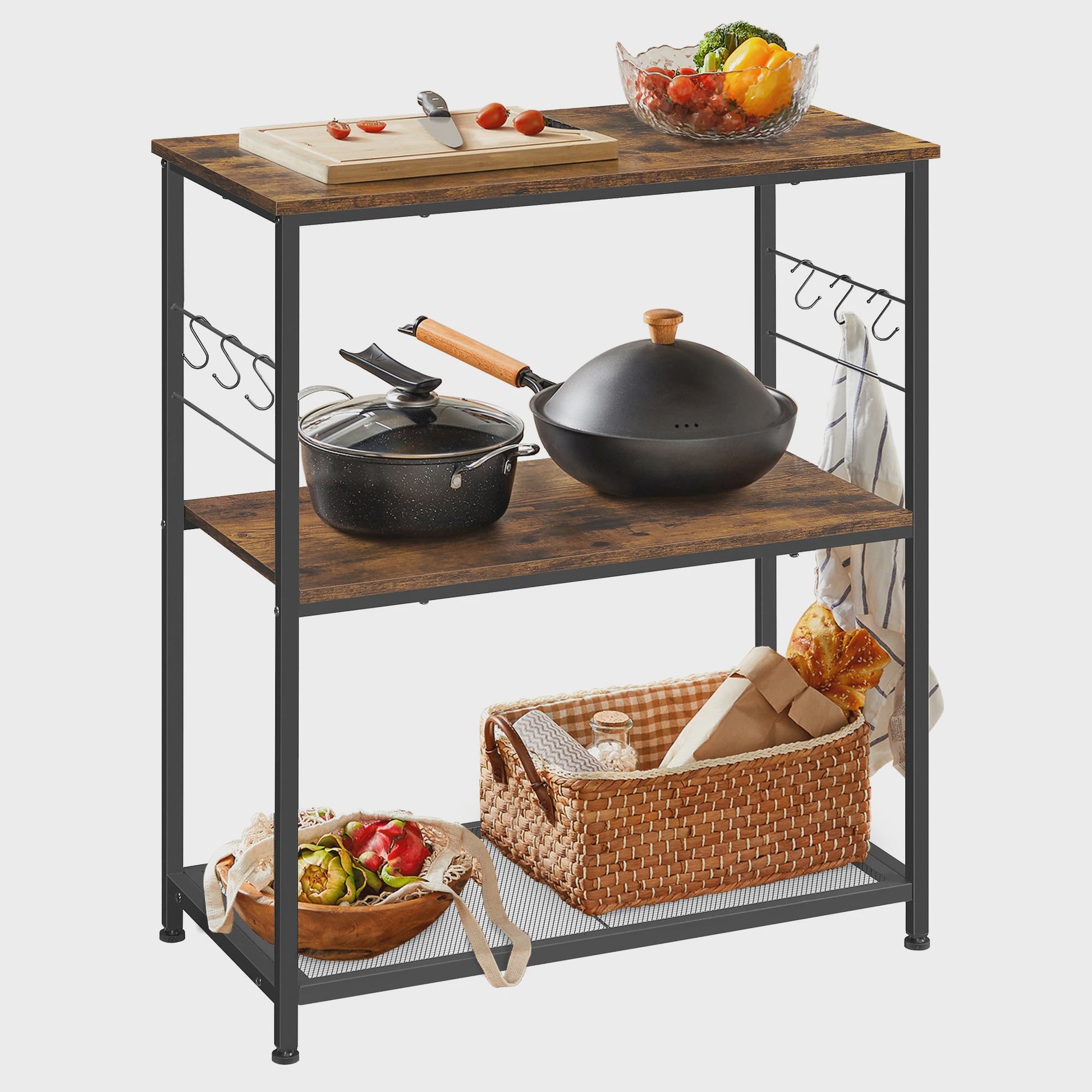 VASAGLE Keukenrek met 3 etages, 6 haken en 2 legborden - 80x40x90 cm