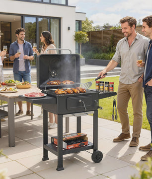 Outsunny XXL Houtskool Barbecue Tuinwagen Grill met Deksel, Aslade en Ventilatieroosters - 112cm Zwart