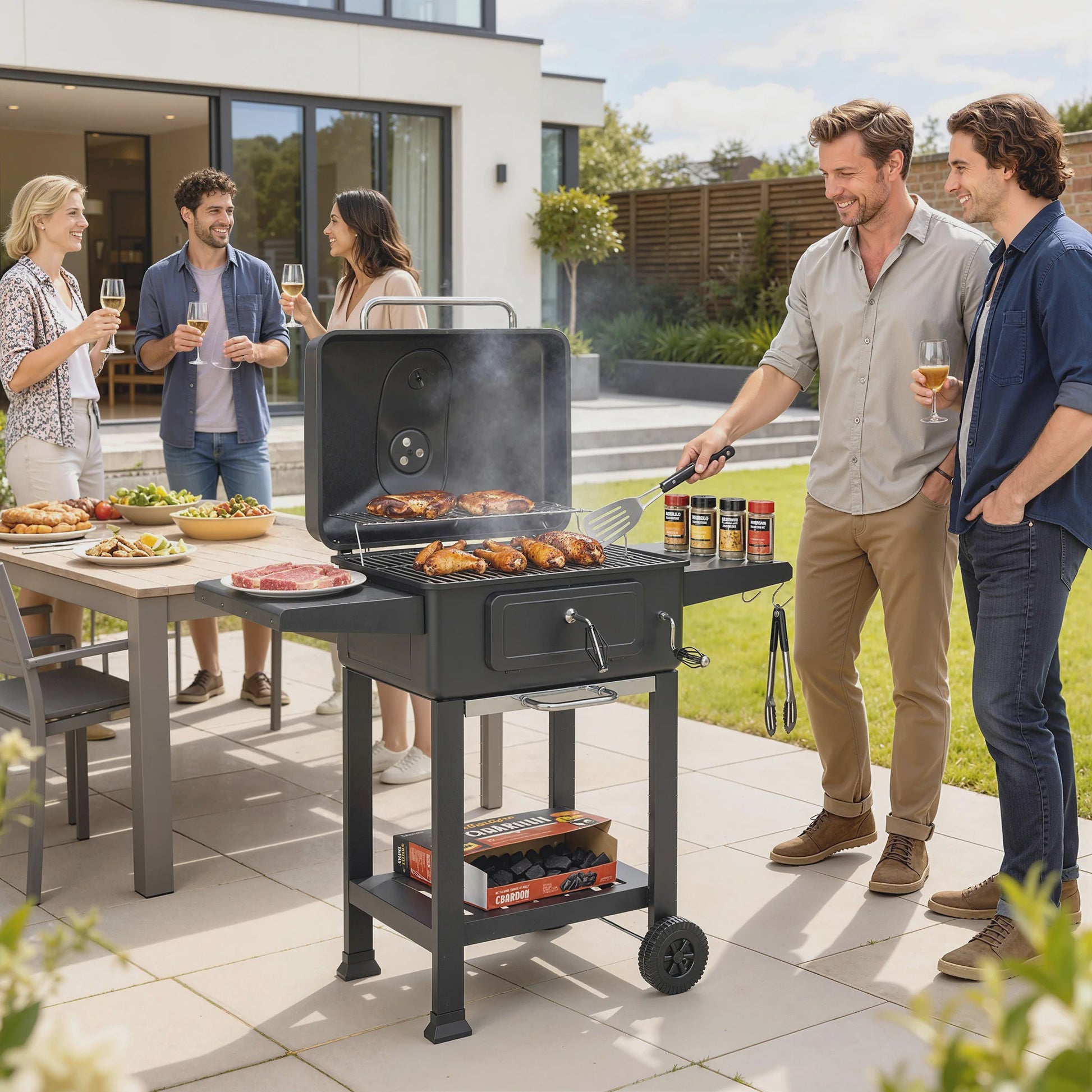 Outsunny XXL Houtskool Barbecue Tuinwagen Grill met Deksel, Aslade en Ventilatieroosters - 112cm Zwart
