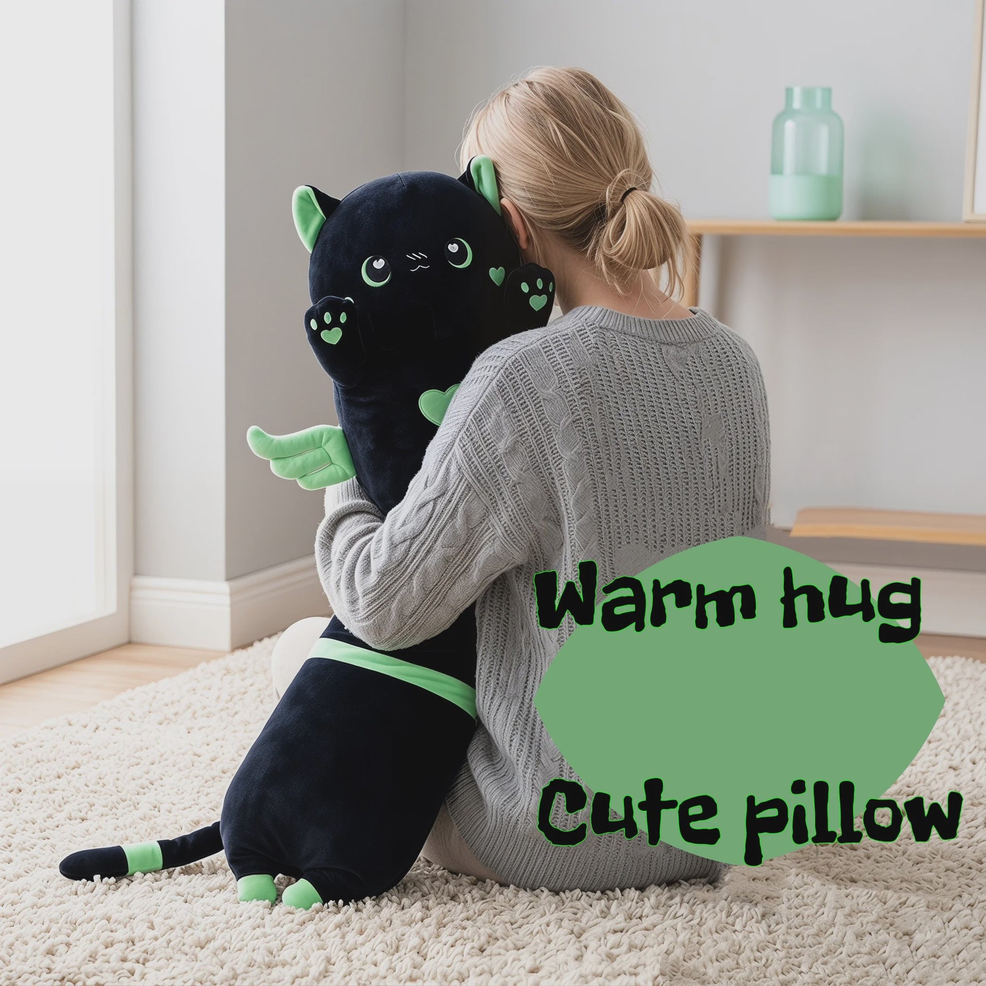 Kawaii Zwarte Kat Pluche Knuffelkussen met Vleugels - Extra Lang Slaapkussen voor Bank of Bed