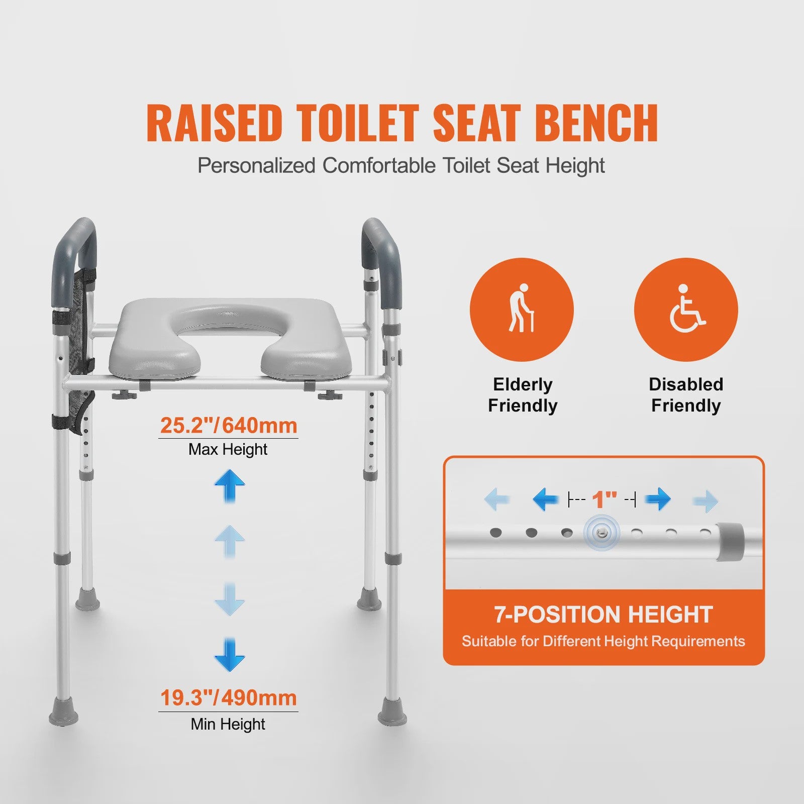 Verhoogd Toilet Zitting met 7-Positie Hoogteverstelling, Comfortabele Handgrepen en Aluminium Frame - Max 158 kg