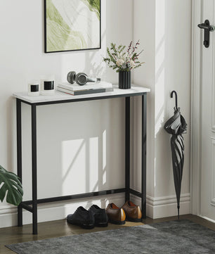 Smalle Hal Console Tafel met Marmerlook en Zwart Metaal Frame - 75x24x76 cm