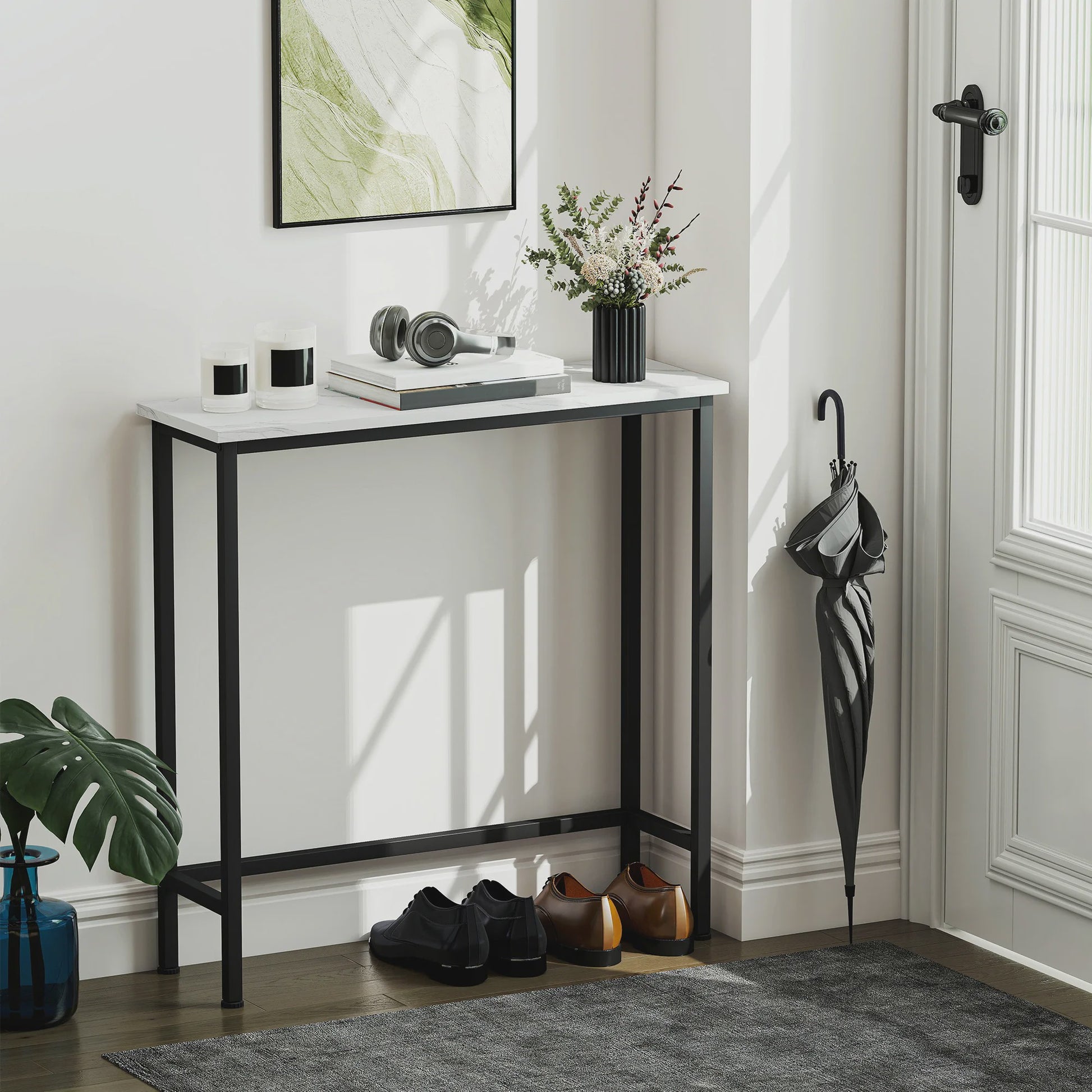 Smalle Hal Console Tafel met Marmerlook en Zwart Metaal Frame - 75x24x76 cm