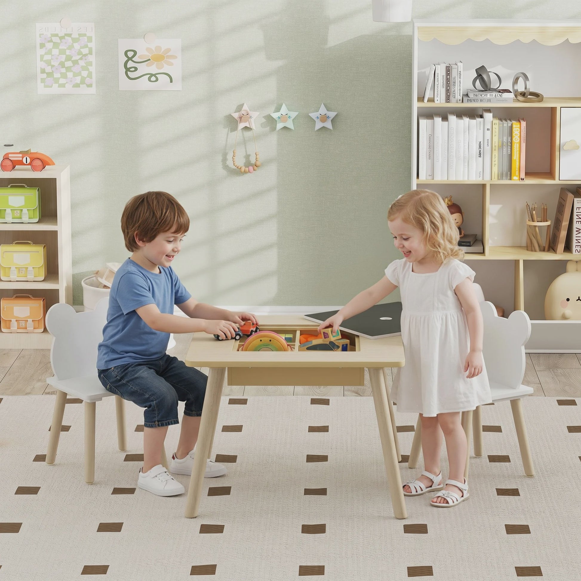 AIYAPLAY Kinder Speeltafel met 2 Stoelen - Opbergruimte & Omkeerbaar Blad