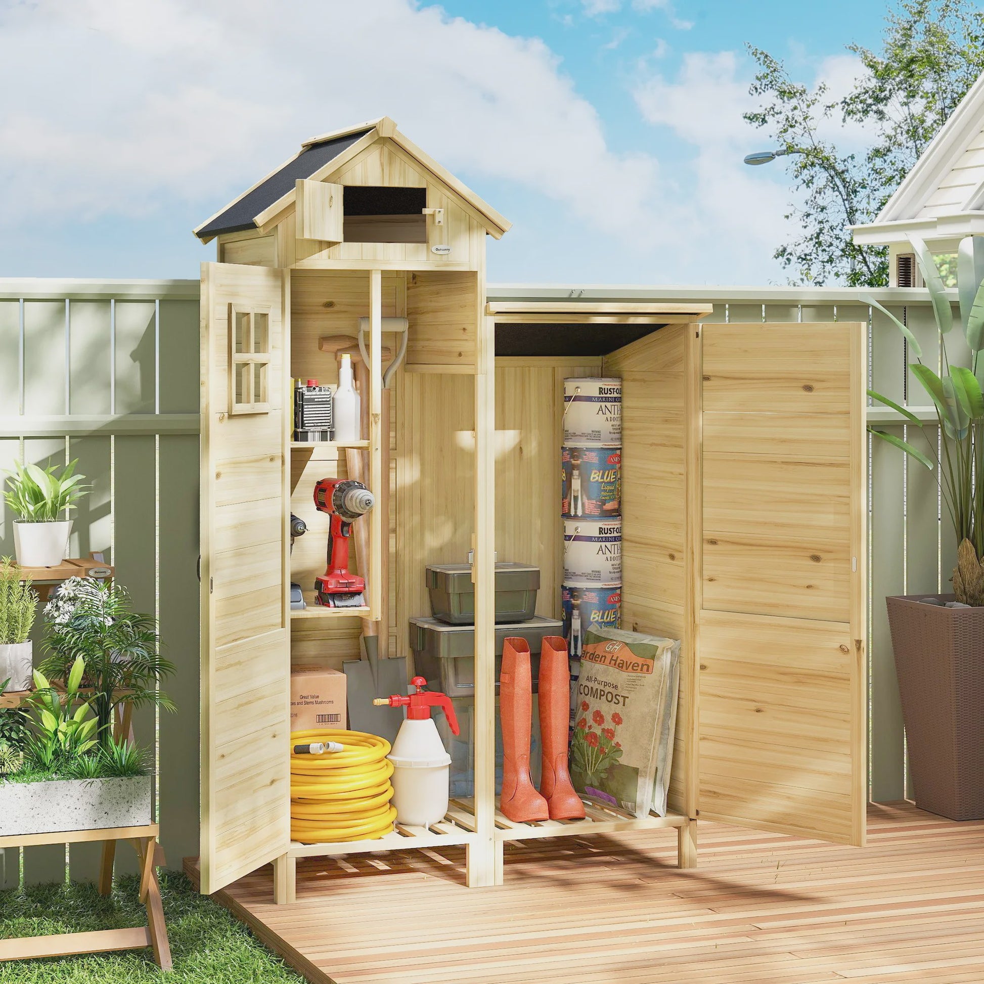 Outsunny Houten Tuinkast met Dubbele Zone en Verwijderbare Planken - 106x57x167 cm