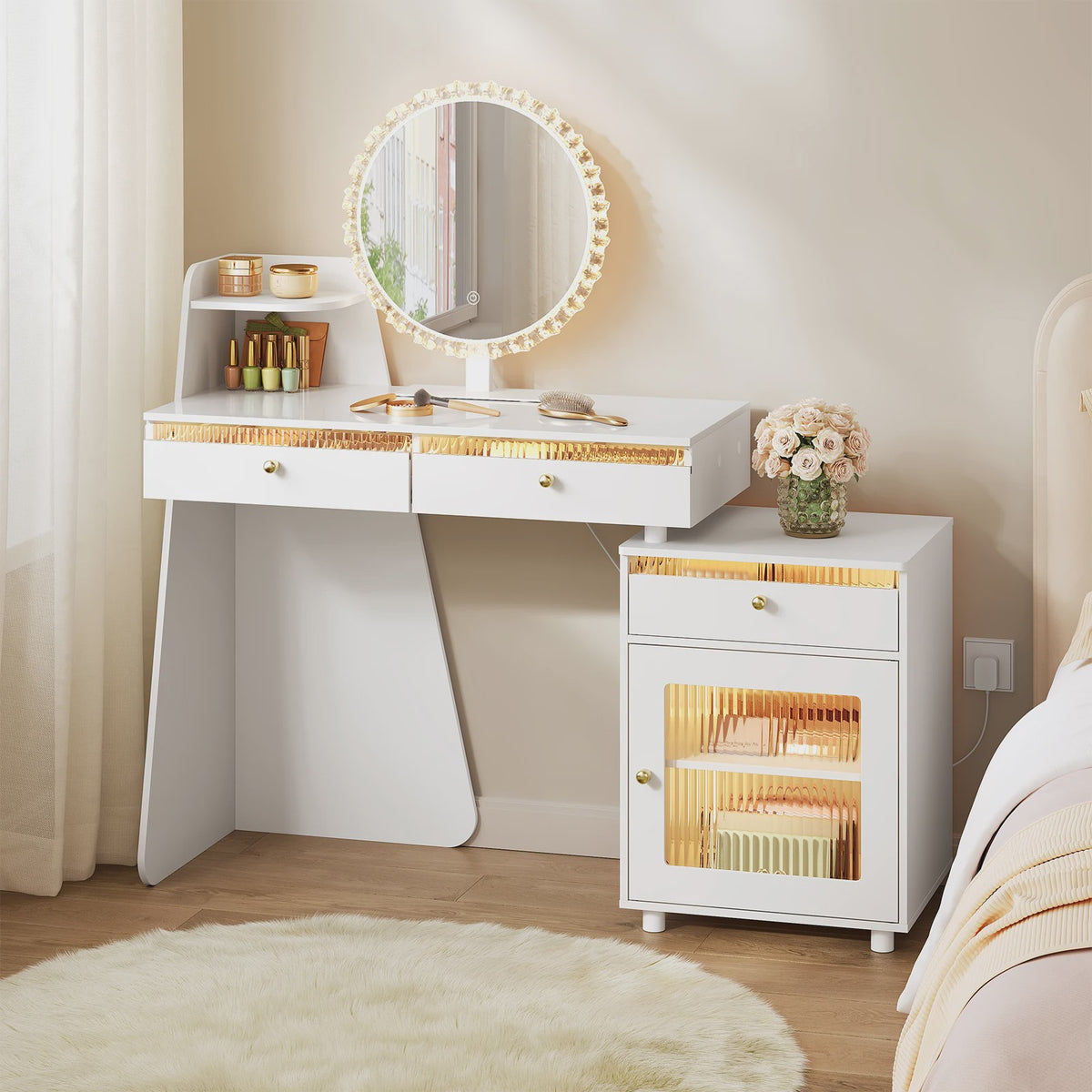 Moderne Kaptafel met LED Spiegel, 3 Lades en Verplaatsbaar Kastje - Wit