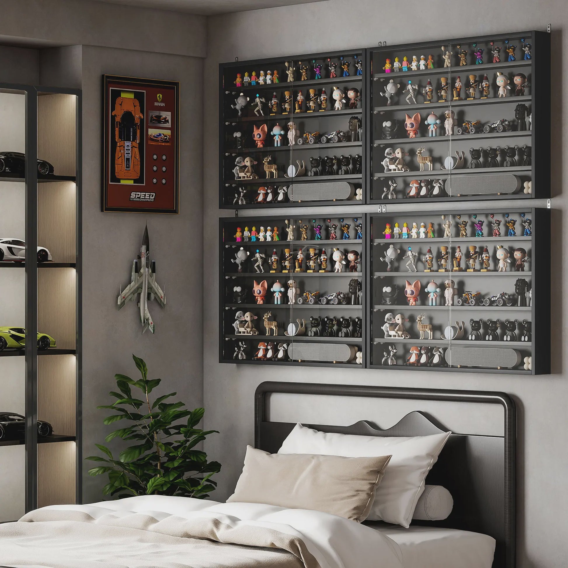 HOMCOM Wandvitrinekast Zwart 80x9.5x60 cm met 4 Verstelbare Planken en Glazen Schuifdeuren