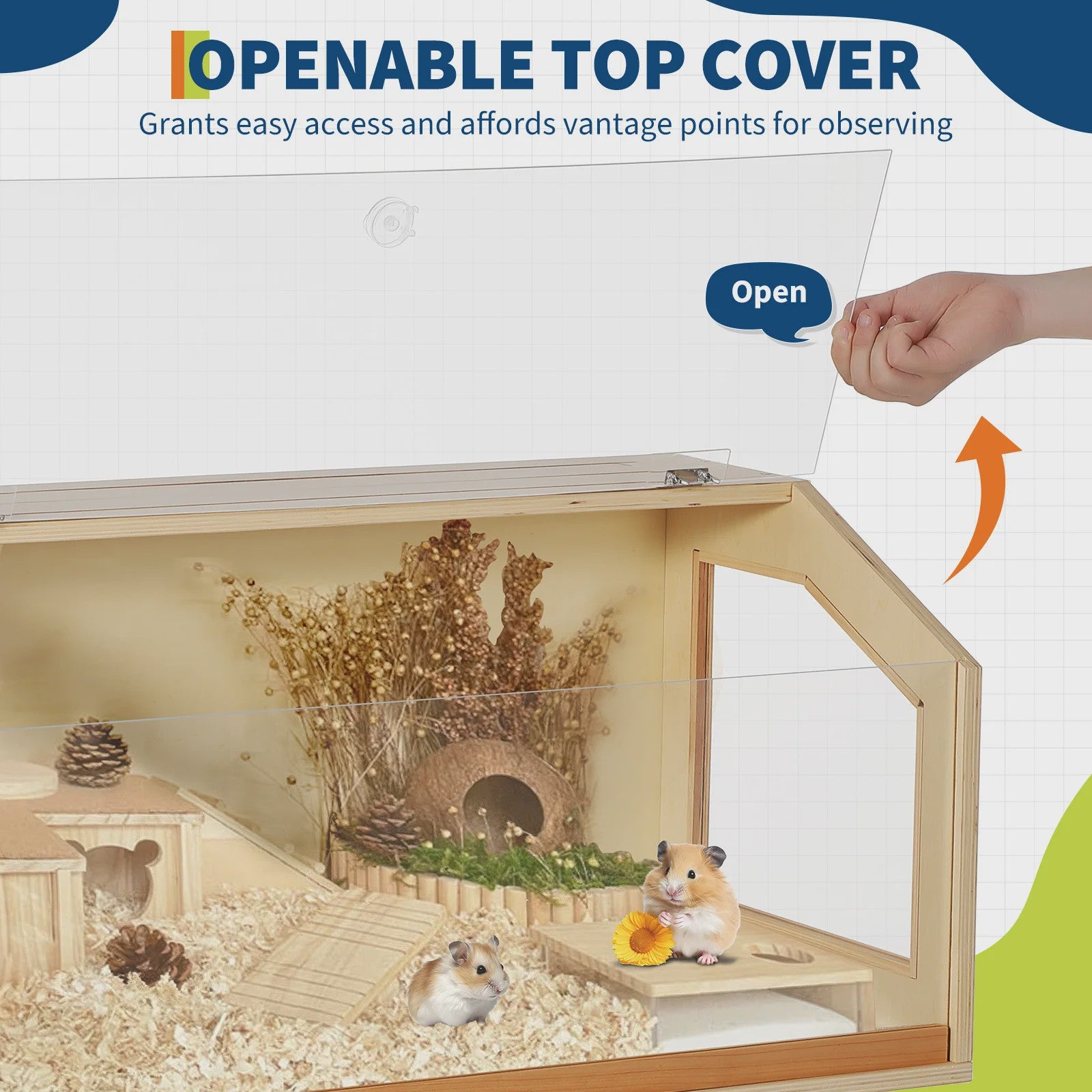 Ruime Houten Kooi voor Kleine Huisdieren met Acryl Raam en Openbare Top