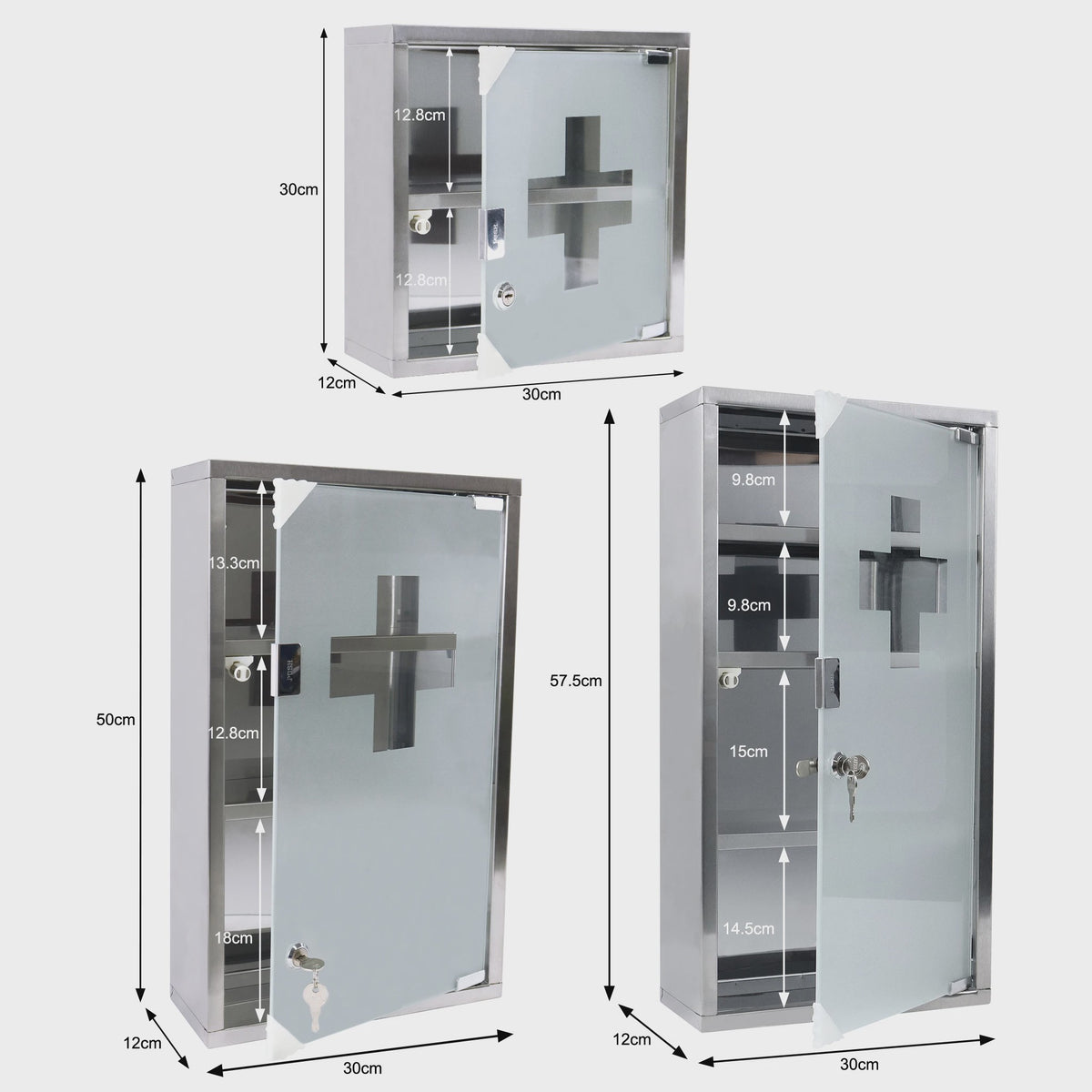 Afsluitbare Medicijnkast RVS met Kruis - Wandmontage - 2/3/4 Laags - Zwart of Zilver