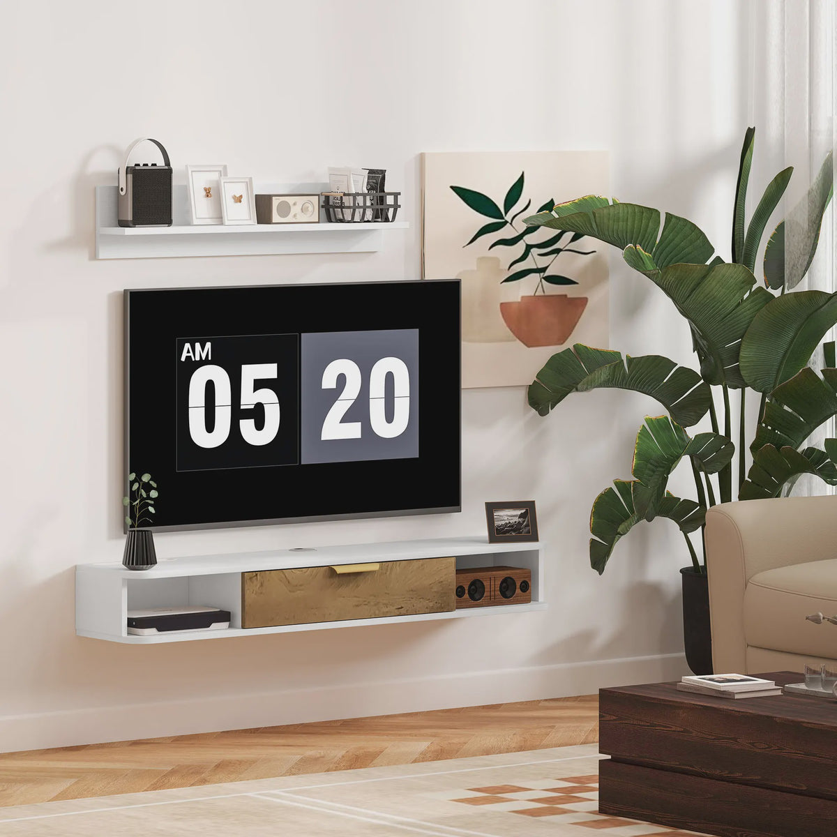 Zwevend TV Meubel met Wandplank en Open Vakken - Modern Design