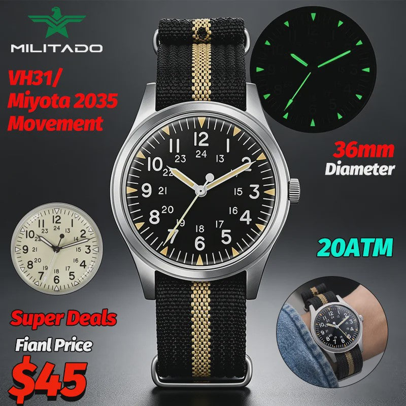 Militado ML07 Vintage Herenhorloge - 36mm Quartz met Bubble Crystal & AR Coating