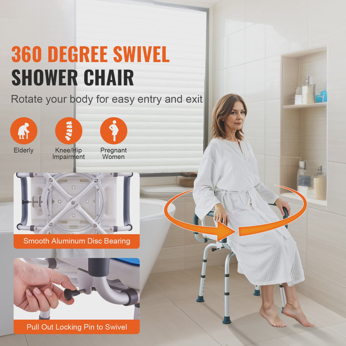 360° Draaibare Douchestoel met Armleuningen en Rugleuning - Verstelbaar & Antislip
