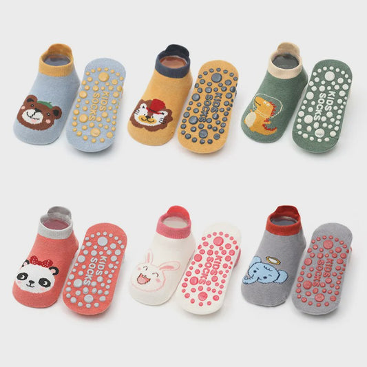 6 Paar Leuke Kinder Sokken met Antislip - Katoen, Ademend & Comfortabel - Schattige Dierenprintjes