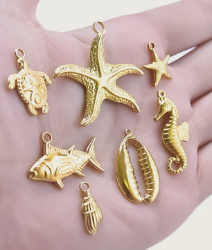 6x Goudkleurige Zee Dieren Bedeltjes Set - Schildpad, Schelp, Zeester - DIY Sieraden Maken
