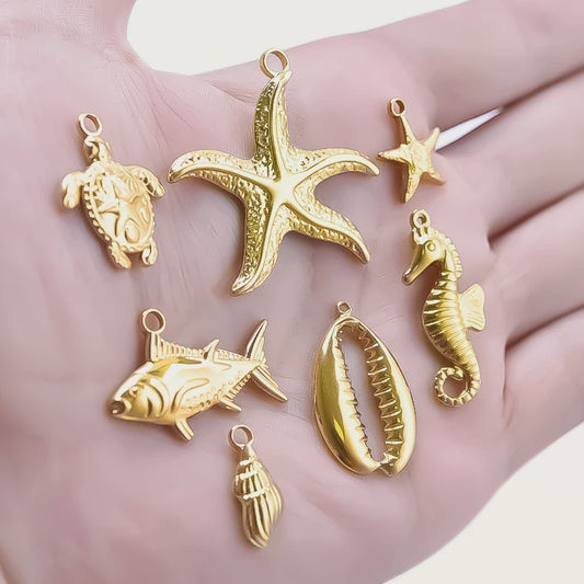 6x Goudkleurige Zee Dieren Bedeltjes Set - Schildpad, Schelp, Zeester - DIY Sieraden Maken