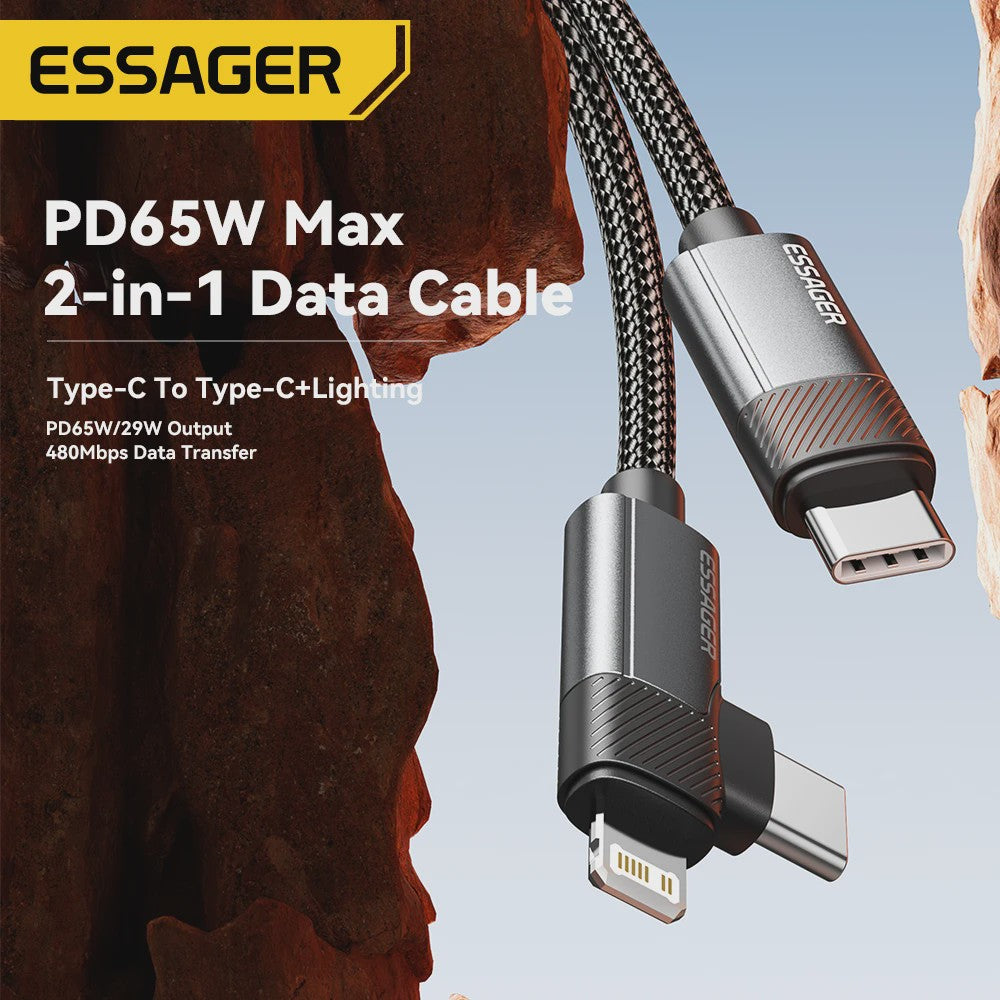 Essager 2-in-1 Hoek Kabel: PD 65W Snelladen & Data | USB-C & Lightning
