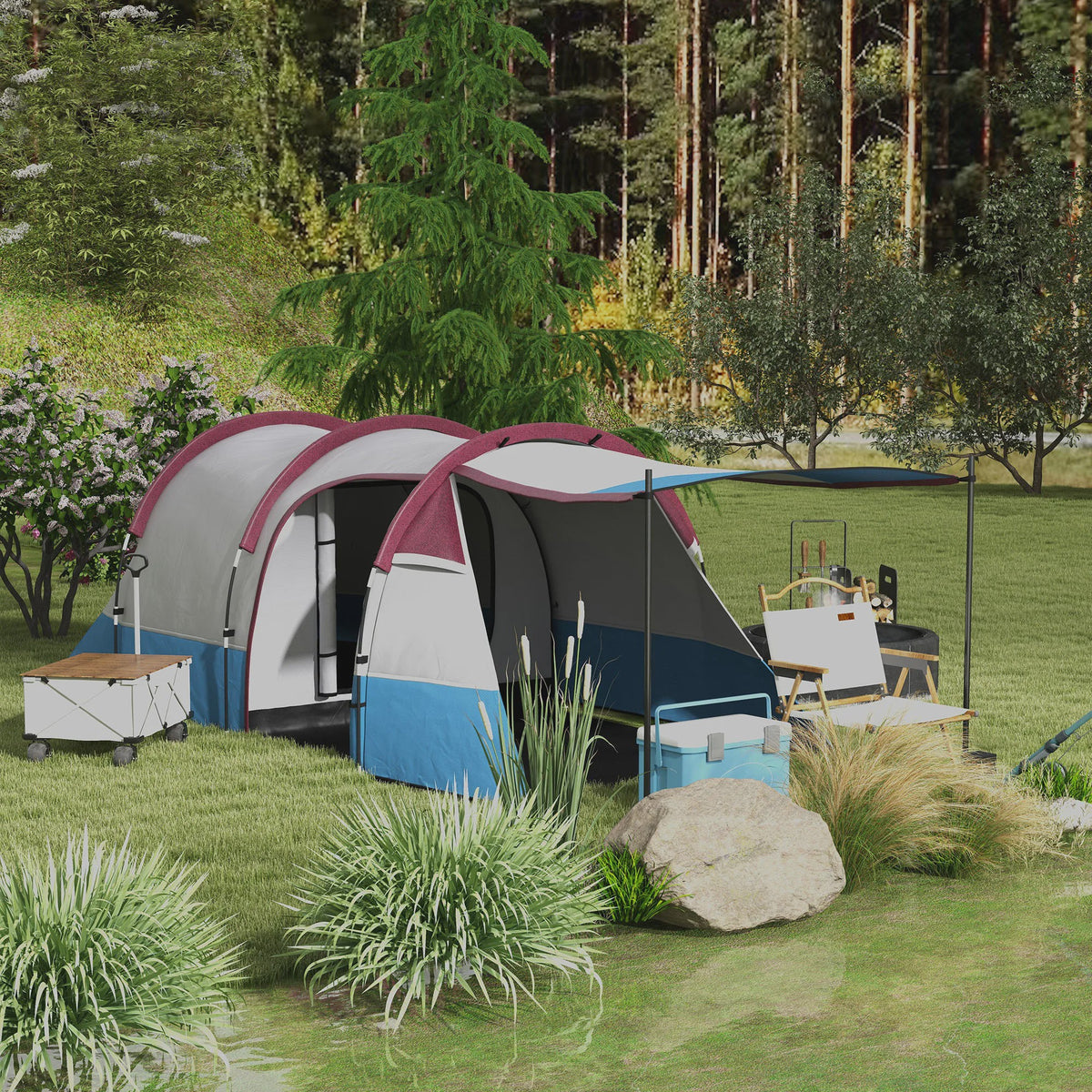 Outsunny Tunnel Tent voor 2 Personen met Luifel - Ideaal voor Camping & Tuin