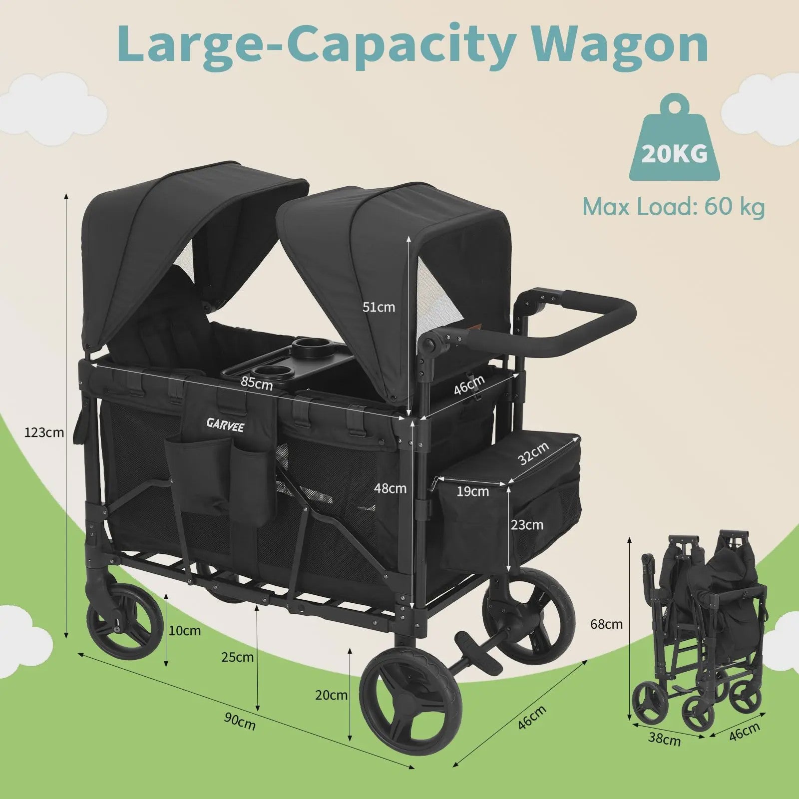 Dubbele Kinderwagen Wagentje 2-in-1 Opvouwbaar met Zonnekap & Snacktray - All-Terrain