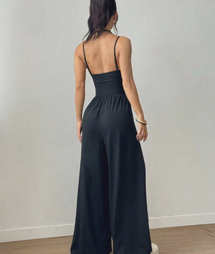 Dames Jumpsuit met Wijde Pijpen en Plissédetaillering - Casual Zomer & Lente