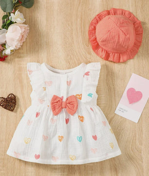 Schattige Baby Meisjes Jurk met Strik en Mutsje - Hartjes Print Zomer Set (0-9 Maanden)