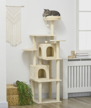 PawHut Luxe Kattenboom met Krabpalen, 6 Plateaus en 2 Knusse Niche Huizen - Beige