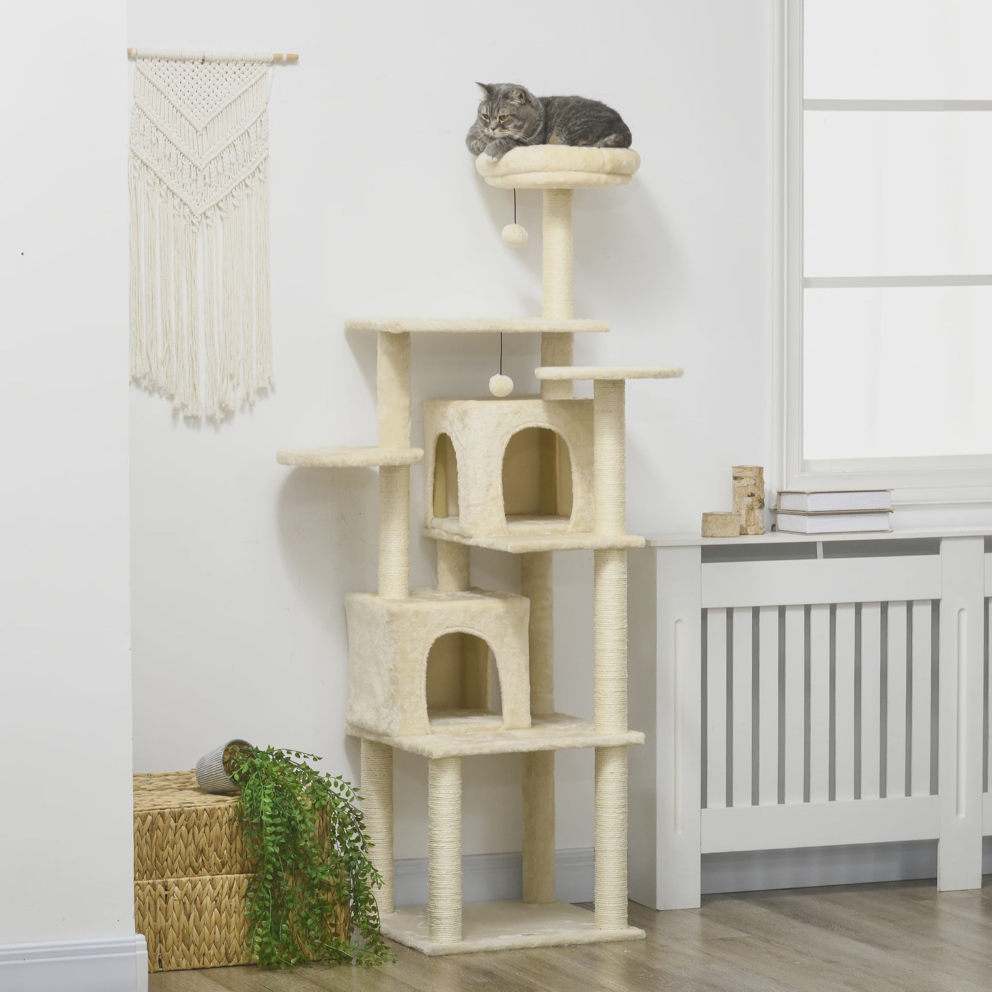 PawHut Luxe Kattenboom met Krabpalen, 6 Plateaus en 2 Knusse Niche Huizen - Beige