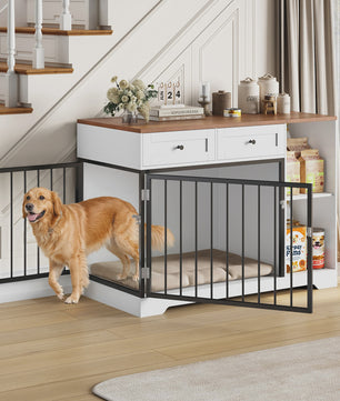 Hondenmand Meubel 120cm met Lades & Open Vakken - Wit/Bruin Hout