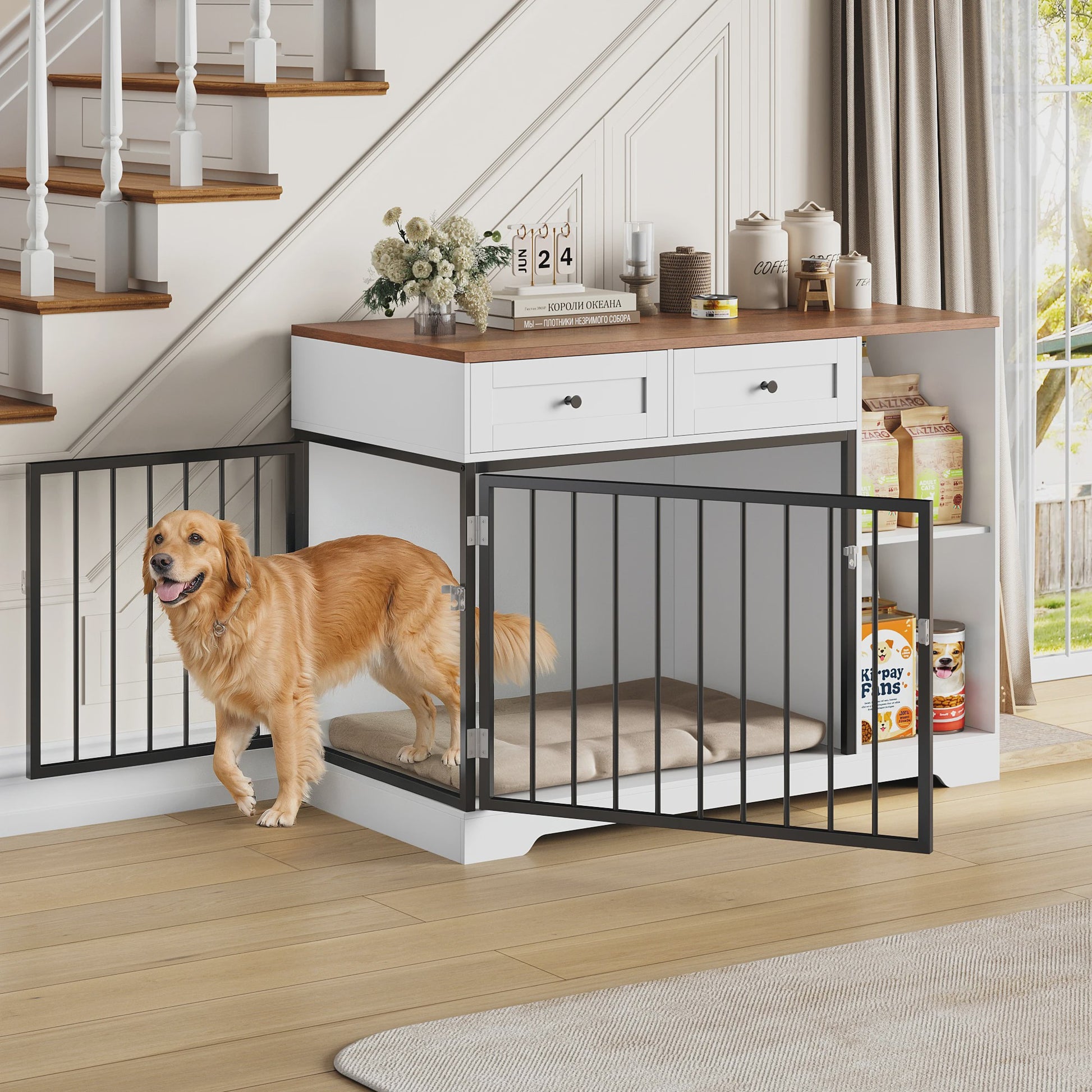 Hondenmand Meubel 120cm met Lades & Open Vakken - Wit/Bruin Hout