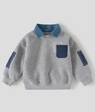 Sweatshirt Jongens met Denim Kraag en Patchzak - Casual Kinder Pullover