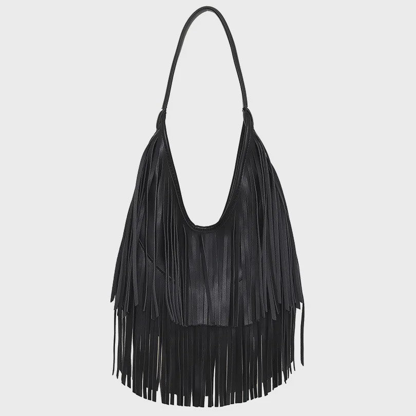 Luxe Dames Schoudertas met Lange Franjes - Zacht PU Leer, Casual Hobo Tote
