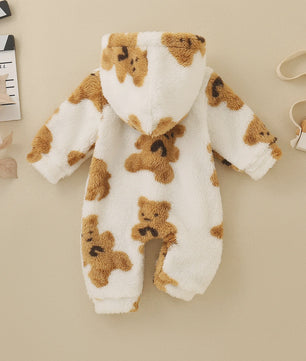 Schattige Baby Jumpsuit met Berenprint - Warm Fleece met Capuchon voor Peuters & Baby's