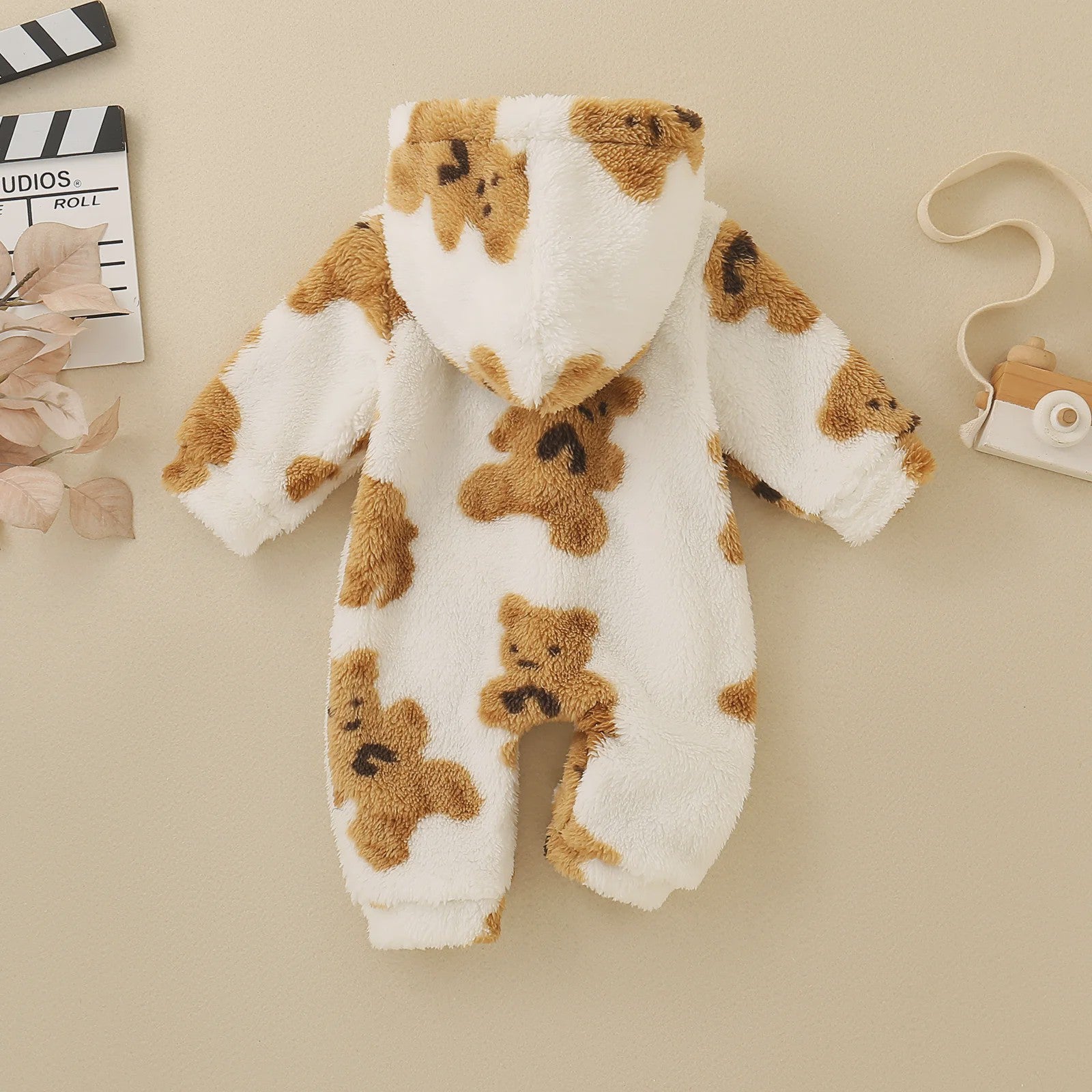 Schattige Baby Jumpsuit met Berenprint - Warm Fleece met Capuchon voor Peuters & Baby's