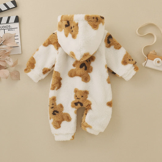 Schattige Baby Jumpsuit met Berenprint - Warm Fleece met Capuchon voor Peuters & Baby's